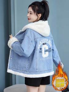 Áo Khoác Denim Cotton Dày Thời Trang Mùa Đông Cho Nữ Áo Khoác Ngoài Ngắn Có Mũ Trùm Đầu Lót Lông Cừu Áo Khoác Cotton Cho Nữ