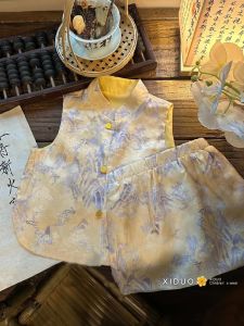 New Chinese Style Girls Spring Autumn Tang Suit Vest Set Floral Embroidery Landscape Painting Half Skirt Ensemble Childrens Clothing