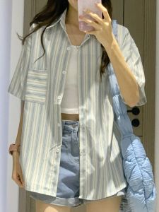 ลำลอง เสื้อเชิ้ตแขนสั้นลายทาง ผู้หญิง ฤดูใบไม้ผลิ ฤดูร้อน Lazy Style หลวม พรางหุ่น Leisure เสื้อโค้ท ฟิกเกอร์ตัวเล็กสไตล์ญี่ปุ่น เสื้อท่อนบน