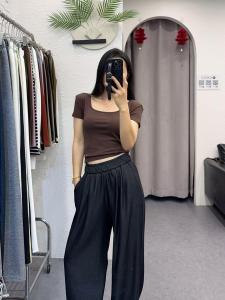 Summer Short Sleeve Square Collar Bared Belly Top Slimming Womens Pure Color T-Shirt Sweet And Spicy Style Pure Desire Girl