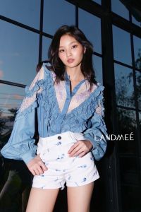 P015-035 PIMNADACLOSET - Long Puff Sleeve Collar Button Down Ruffle Lace Top Twill Pockets Embroidery Shorts Set