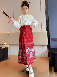 Girls Cheongsam Dress Traditional Chinese Style Half Skirt Two-Piece Set Autumn Fashionable Cotton Blend Short Sleeve Midi Dress