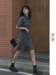 Retro Shirt Dress Womens 2025 New Summer Design Waist Cinching Petite Elegant Ageless Fish Tail Skirt High Waist A-Line Dress