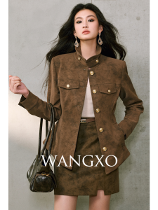 WANGXO | Áo khoác ngắn và váy ôm eo có đệm kiểu da vintage