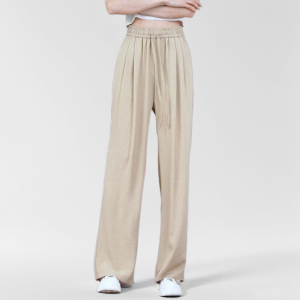 Summer Thin Ice Silk Wide Leg Pants Womens Straight Cut Loose BF Lazy Style Mountain Brand Casual Trousers High Waist Long Pants
