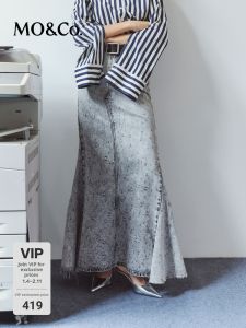 MO&Co. | Retro Washed Denim Skirt with Laser Cut Holes and Fish Tail Hem