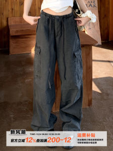 Retro Washed Workwear Style Womens Jeans Loose Fit Spring Season Multi Pocket Straight Leg Jeans Natural Waist Button Closure