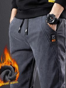 Thickened Fleece Denim Pants Mens Loose Straight Work Trousers Winter Wear Resistant Youth Long Pants mid Waist Drawstring