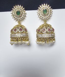 Elegant AD Stone Jhumka Earrings with Green and Pink Gemstones and Pearl Accents for Festive Wear