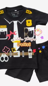 Setelan Kaos Anak laki Laki Motif Polisi dan Celana Pendek Anak Usia 1-6 Tahun Bahan Katun