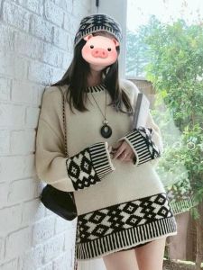 BINKAFENNY | Early Autumn Korean Style Fair Isle Color Block Knit Sweater Womens Thickened Loose Lazy Style Knitted Top Pure Color