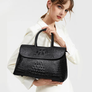 Aidrani  New crocodile patterned womens handbag black high-capacity cowhide briefcase