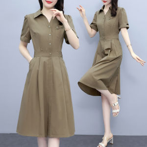 ชุดเดรสยาวทรงเอคอโปโลแขนสั้นผ้าฝ้ายลายพิมพ์ลายสก็อตสไตล์เกาหลีสำหรับผู้หญิงวัยกลางคน ชุดเดรสแขนยาวทรงเอ