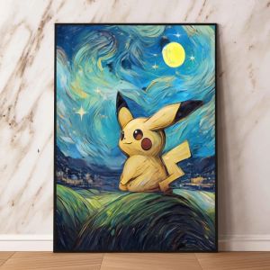 KAYOU | 1pc Frameless Canvas Painting Van Gogh - Style Pokemon Decorative Paintings - Pikachu and Gengar in Starry Night Art Unique Wall