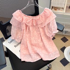 WANGGONGZHU | French Style Sweet Lace Trim Short Sleeve Shirt Women Summer New Design Popular Beautiful One Shoulder Top Princess Commute Style Loose Fit