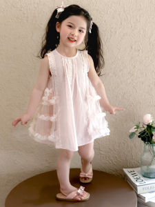 Cute Princess Style Summer Dress for Girls with Lace Trim Vest Skirt Fashionable Child Clothing Soft Medium Thickness