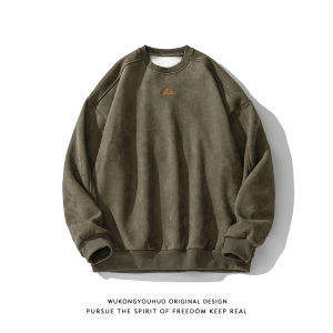 WUKONGYOUHUO | Áo Hoodie cổ tròn da lộn thêu vintage
