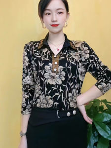 เรียบหรู ฤดูใบไม้ผลิ แฟชั่นพิมพ์แขนยาว ยืดได้ เสื้อด้านล่าง Diamond Heat Transfer ปกเสื้อ แม่วัยกลางคน ลำลอง หลวม เสื้อยืด