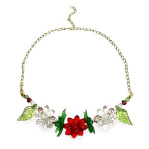 Clement Red Flower White Green Leaf Chain Necklace Kalung Panjang Rantai Bunga Natal Christmas Xmas Handmade Fashion