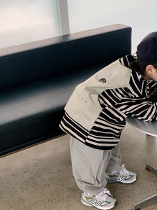 Áo Thun Tay Dài Mùa Xuân Cho Bé Trai Áo Thun Cotton Mỏng Kẻ Sọc Màu Xám Và Cà Phê Áo Thun Trẻ Em Phong Cách Hàn Quốc Mùa Xuân Thu