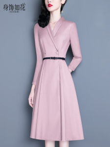Elegant Pink Suit Dress Slim Fit Long Sleeve A-Line Skirt High Waist Spring Autumn New Style Ladylike Fashionable Womens Dress
