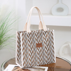 Chevron Pattern Canvas Tote Bag Retro Letter Patch Decor Handbag Womens Causal Shopper & Commuter Bag