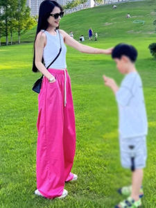 YUFUQING | American Style Loose Casual Pants Womens Summer New High Waist Slim Straight Leg Floor-Length Red Pants Polyester Fiber