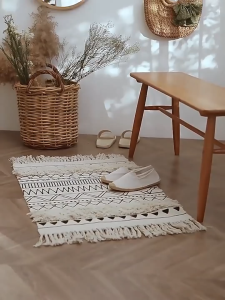 Boho Moroccan Geometric Tassel Rug Cotton Polyester Blend Tufted Cream Beige Bedside Floor Mat Washable Low Pile Woven Area Rug for Bedroom Living Room Balcony Homestay