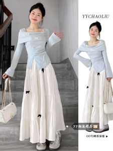 Váy Dài Tay Màu Xanh Pháp Mùa Đông Cho Nữ 2025 Váy Dài Nhỏ Thanh Lịch Mới Bộ Đồ Hai Mảnh Thường Ngày Váy Công Sở