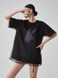 XIAODADEHUA | Double-layer Mesh Heavy Beading Print Short Sleeve Tee Women Loose Mid-length