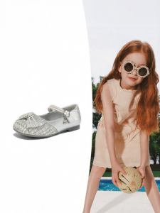 Belle | Rhinestone Bow Silver Princess Shoes for Girls