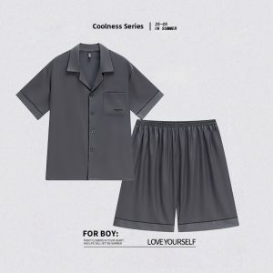 miiow | Mens Summer Ice Silk Sleepwear Short Sleeve Shorts Breathable Comfortable Lightweight Luxury Style Home Clothes Outdoor Wearable