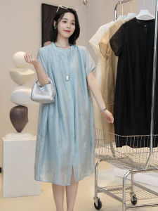 Linen Rayon Casual Summer Dress Womens Short Sleeve Loose Slimming Midi Dress Korean Style Button Detail Comfortable Soft Fabric
