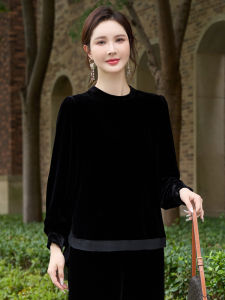 High End Silk Velvet Top Long Sleeve Round Neck Black