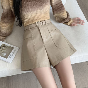 Quần đùi chất liệu da PU Yimei cho nữ mùa thu và mùa đông quần chữ A cạp cao hình mai mỏng mới 2023 quần thường ngày dáng rộng quần legging rộng