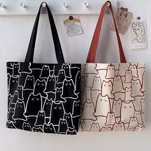 Cute Cat Kitten Canvas Tote Shoulder Bag Huge Capacity With Zipper Inner Pocket Double Strap Beg Women Fashion