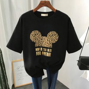 Gold Letter Grapic Leopard T-shirts Women Summer Loose Harajuku Female Black White T Shirt New Casual Womens Clothing Korean