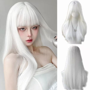 สังเคราะห์สีขาวยาวตรงวิกผมสีสันคอสเพลย์ปาร์ตี้ผมปลอมกับ Bangs สีขาว lolita วิกผมสําหรับผู้หญิง party ทุกวัน