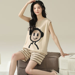 MiiOW | Bộ đồ ngủ cotton nguyên chất mùa hè cho nữ Áo vest không tay cổ tròn quần short Bộ đồ mặc nhà thoáng khí mát mẻ