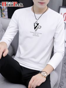 เสื้อยืดแขนยาวผ้าฝ้ายแท้สำหรับผู้ชาย ฤดูใบไม้ร่วง ฤดูใบไม้ผลิ เสื้อชั้นในสีขาว ทรงสลิมฟิต พิมพ์ลายเรขาคณิต ปกติ