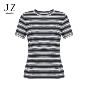100% Wool Nautical Stripe Knitted Short Sleeve Womens Summer New Style Jiu Zhi an Na Co Commuter Straight Tube Pocket Sweater