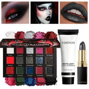 VERONNI | Goth Eyeshadow Palette + White Foundation + Lipstick Set – Dark Romantic Vampire Halloween Makeup Smoky Eye ShadowBlack & Red