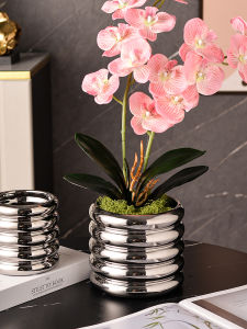 ถ้วยเซรามิกสีเงินแบบสร้างสรรค์จากยาง ถ้วยดอกไม้ไม่มีรูสำหรับใช้ในบ้าน พร้อมดอกไม้สีเขียวและดอก Orchid สำหรับตกแต่งบ้านสไตล์โมเดิร์นหรูหรา