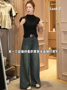 Oajer Flagship Store Womens Jeans High Waist Wide Leg Pants Versatile Autumn Fashion Deep Blue Long Trousers Button Closure