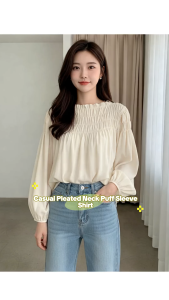 Crush Fashion Womens Solid French Round Neck Sweet Ruched Design Blouse Off Shoulder Puff Sleeve Elegant Top