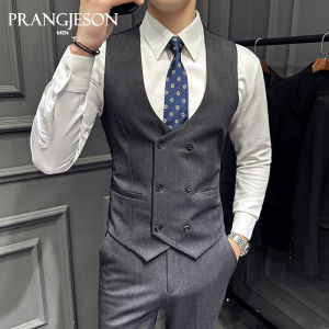 Business Casual Double-breasted Vest Set Spring Autumn Mens Handsome Best Man Suit Brother Outfit Polyester Blend Slim Fit