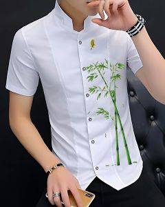 Áo sơ mi nam cộc tay cổ đứng họa tiết thiên nhiên cây trúc độc lạ - H94