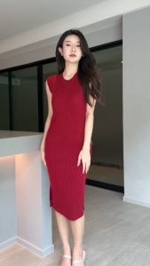 🌈MesubShop🌈เดรสแขนกุด ทรงยาวแต่งผ่าข้าง ผ้าไหมพรมยืดเยอะ ☔ ทรงนี้แต่งง่าย ใส่ออกงานทางการ รุ่น เดรสฤดูฝน B-003-3-AA