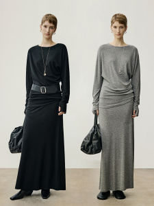 Silk Cashmere Asymmetrical One-Shoulder T-Shirt Skirt Set Elegant Athena Paper Figure Simple Commute Style Loose Fit Long Sleeve