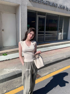 Achi Silk V-Neck Sleeveless Knitted Vest T-Shirt Women Summer Slim Fit Fashionable Pure Color Commute Style Clothing